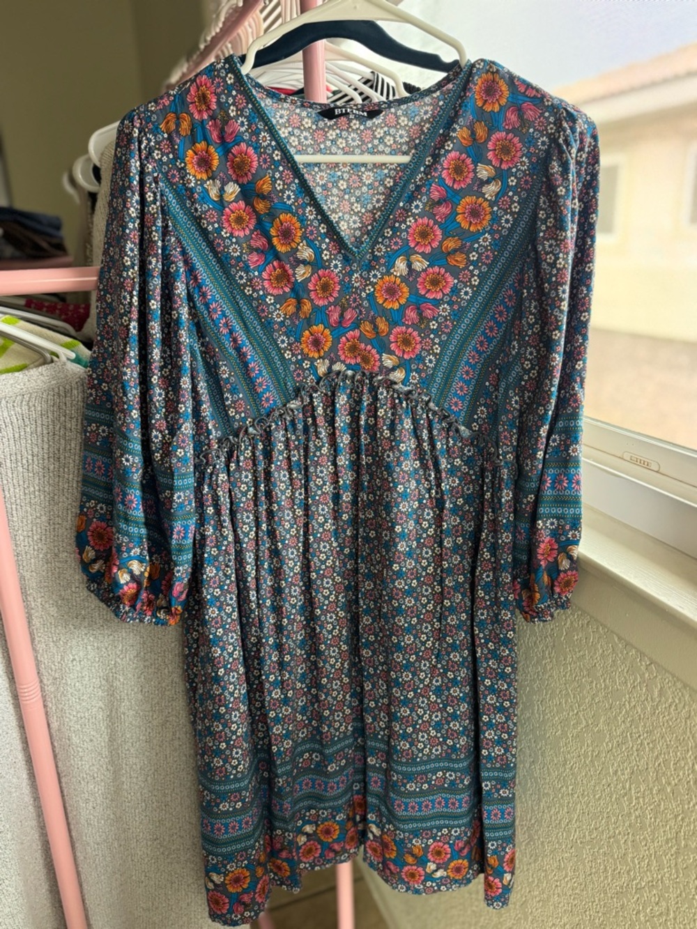 Floral V-Neck Boho Dress in Teal with Pink & Orange Accents